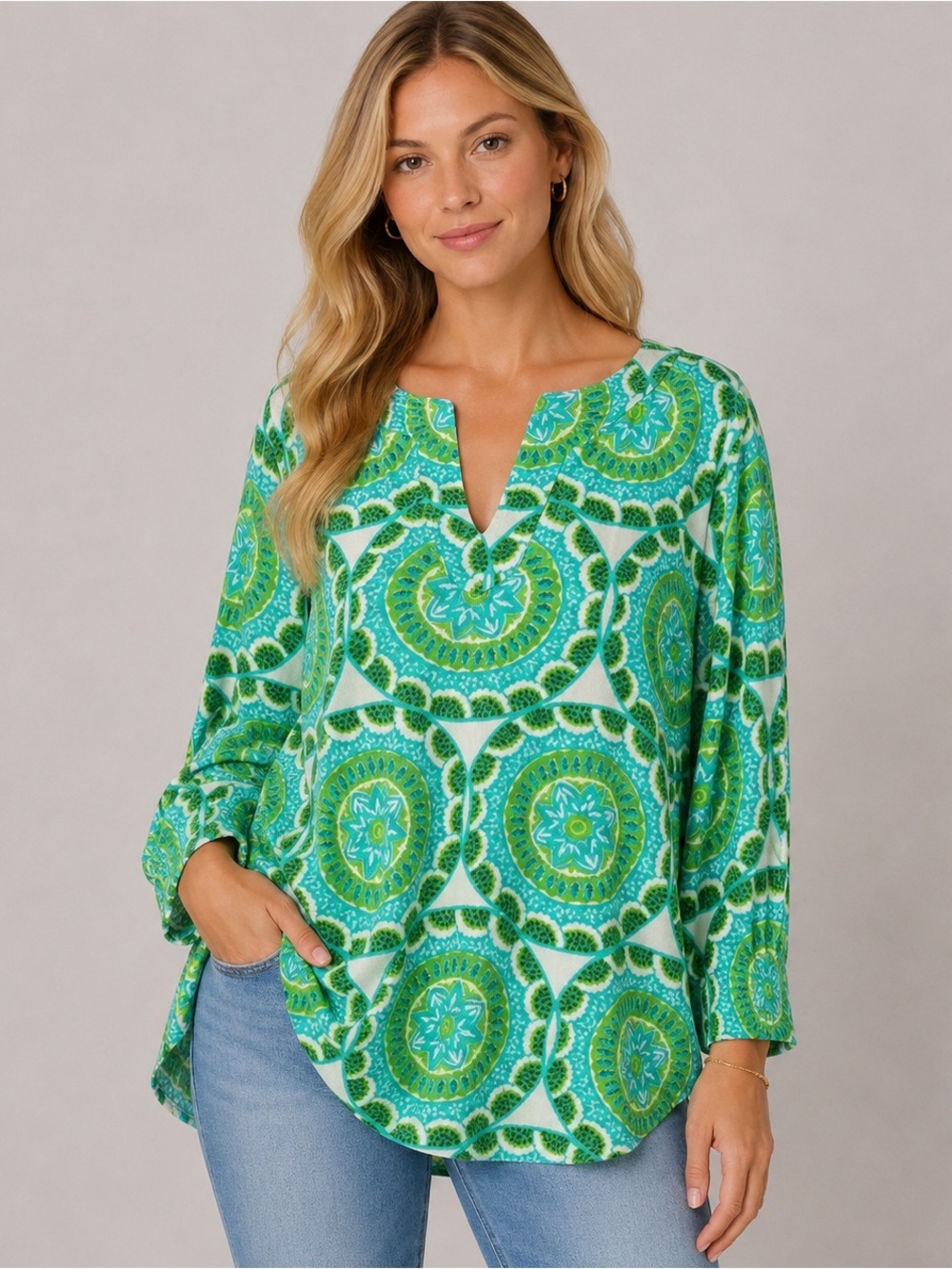 Talbots Terry Split Neck Long Sleeve Tunic Green Cover up Beachy Resort Size 1X